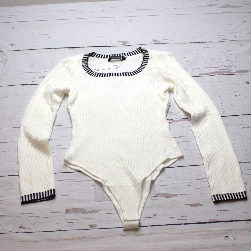 Merokeety Women Ribbed Knit Bodysuit Square Neck Striped Trim White Large NEW